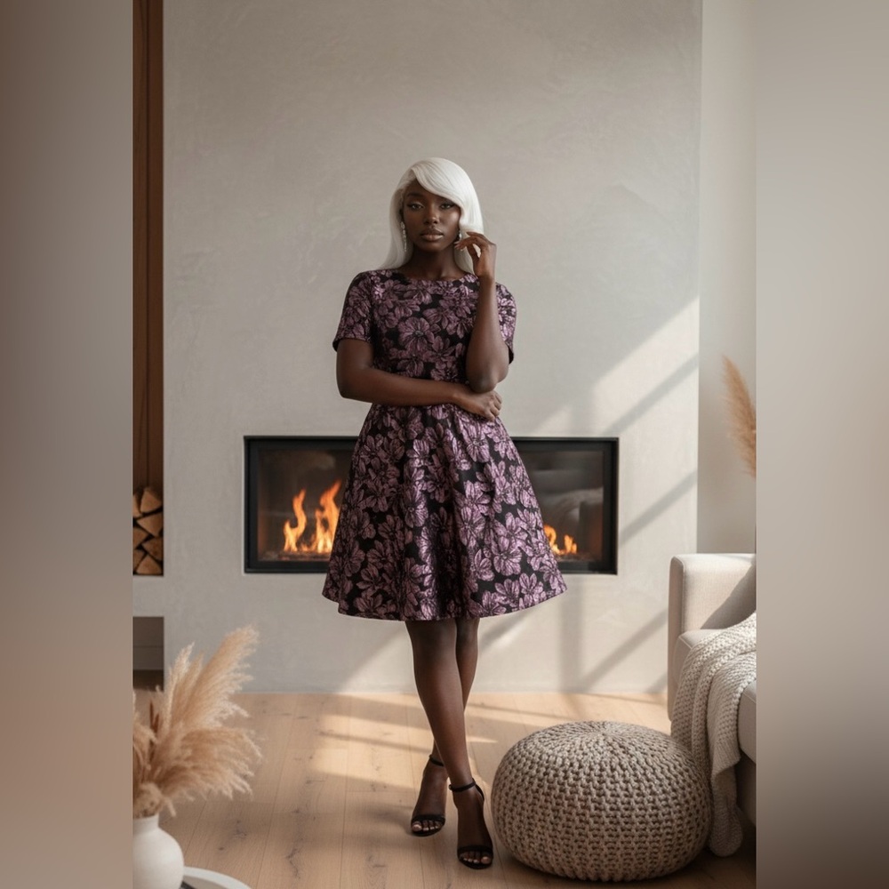 Pink & Black Jacquard Appliqué Dress